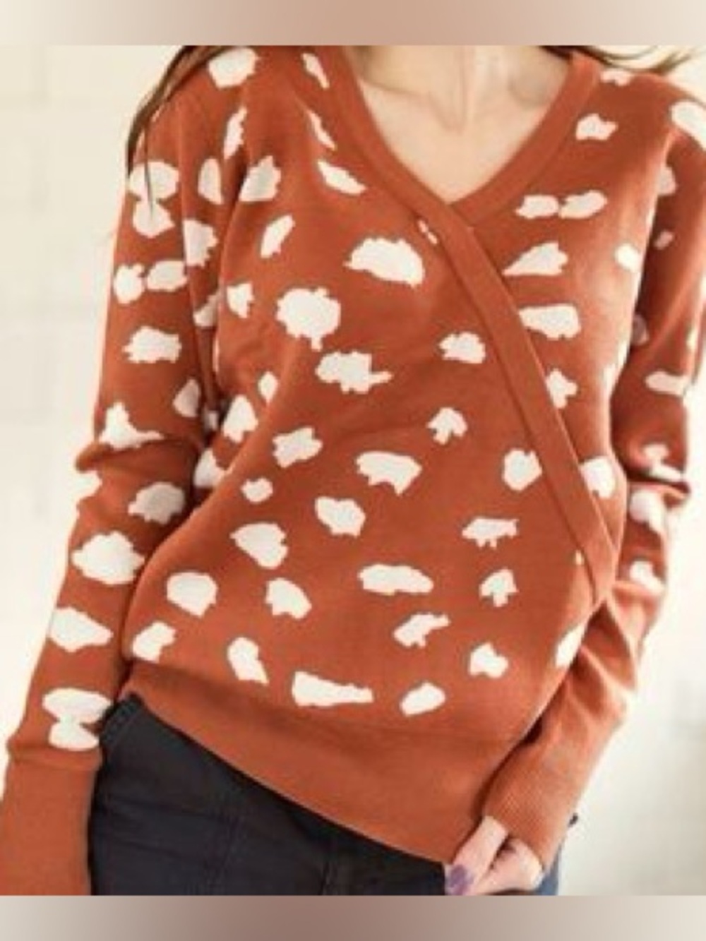Rust Printed Wrap-Style V-Neck Sweater - Women's